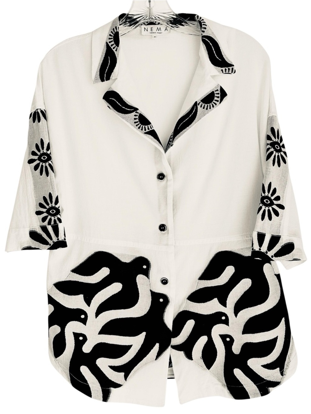 NEMA Resort Wear Button Up Shirt Black Abstract Dove Print Size Small